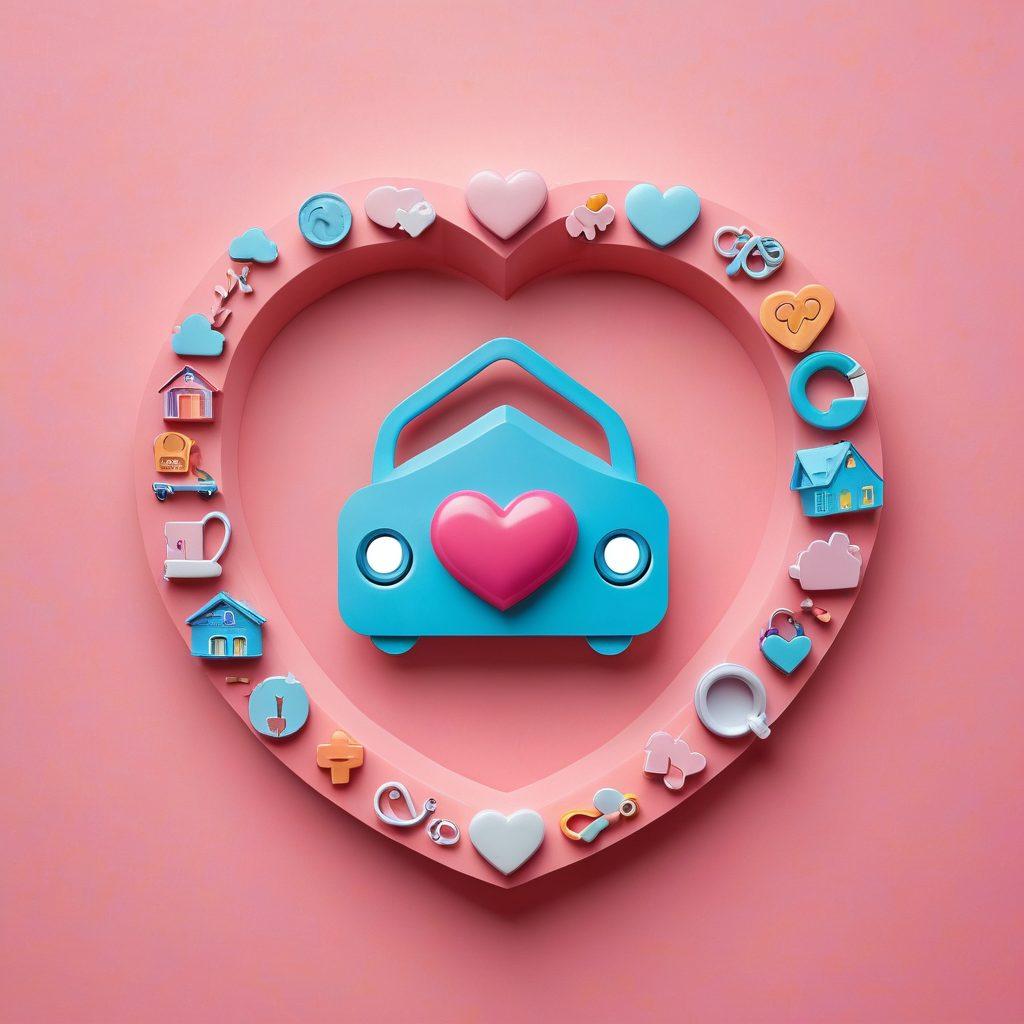 A heart symbol intertwined with a protective shield, surrounded by colorful icons representing different types of insurance (home, health, auto). The background features a soft blend of pink and blue tones, embodying warmth and safety. Visual metaphors like a hand cradling the heart add a personal touch. The overall composition should evoke feelings of love and security. vibrant colors. soft focus.
