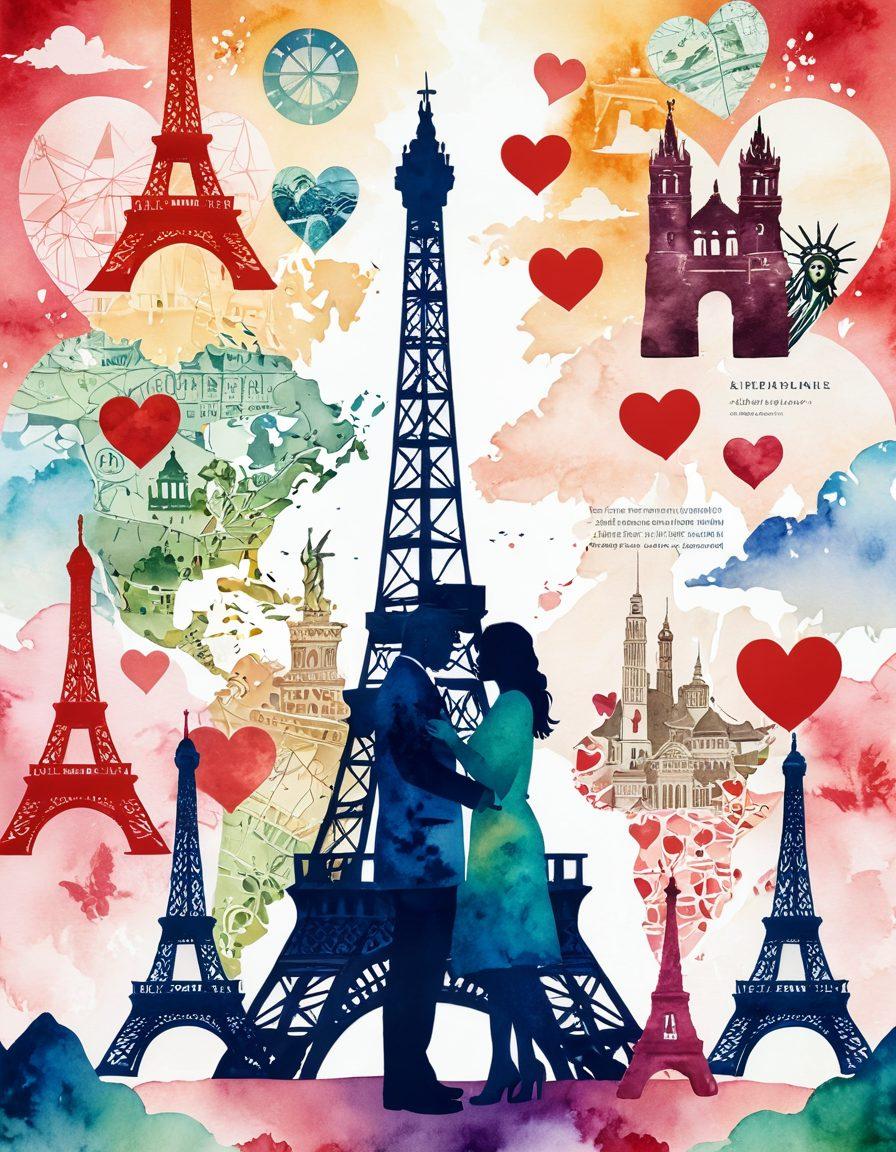 An elegant couple holding hands symbolizing cross-border love, surrounded by floating icons of insurance documents, maps, and hearts, with a backdrop of famous landmarks from different countries. The scene conveys warmth and security, illustrating the theme of global protection for romance. watercolor style. vibrant colors. soft focus.