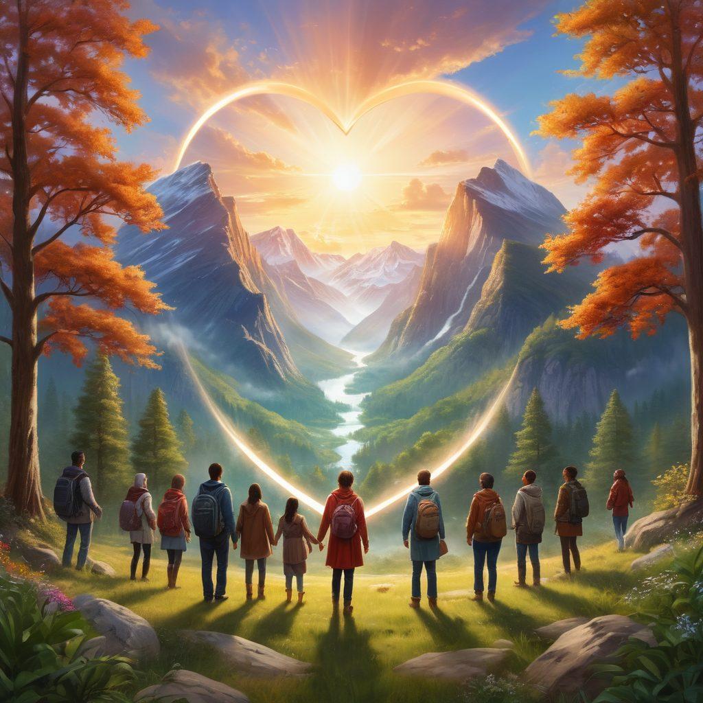 A warm and inviting scene illustrating a heart-shaped shield embracing diverse people facing various life challenges, such as illness, accidents, and uncertainties. Each person reflects different demographics, showcasing unity and resilience, with a soft glowing light emanating from the shield, symbolizing assurance and protection. The background features a blend of natural elements like trees and mountains to represent life's journey. super-realistic. vibrant colors. warm tones.